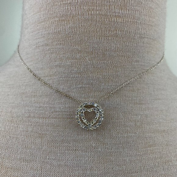 Silver Tone Heart Rhinestone Pendant Signed 15" - Picture 1 of 6